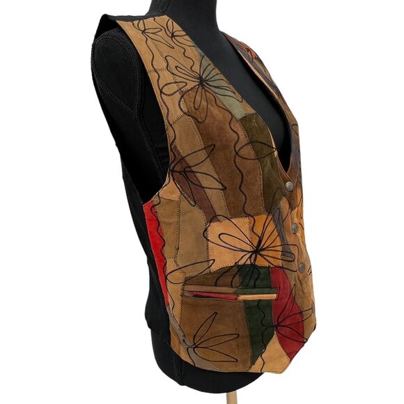 A.J. Vintage Suede Leather Patchwork Artsy Boho Embroidered Western Vest Small - Picture 3 of 10